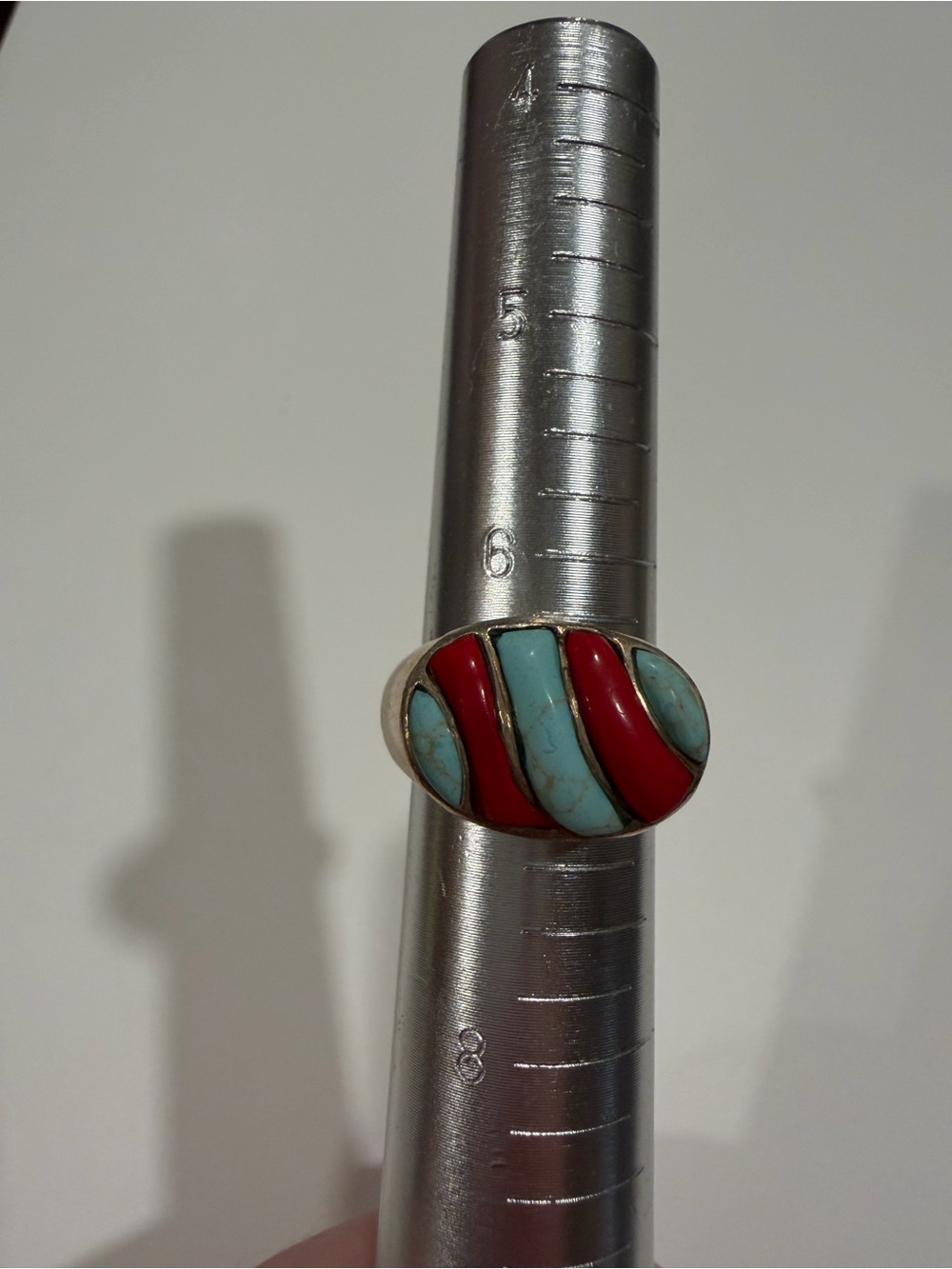 Sterling 925 Turquoise and Red Inlay Oval Statement Ring Size 6.5